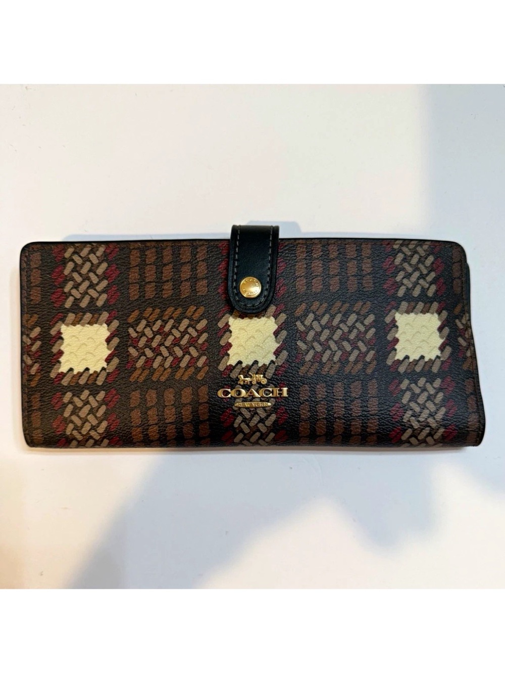 Coach Brown Patterned Continental Card Wallet with Gold Logo